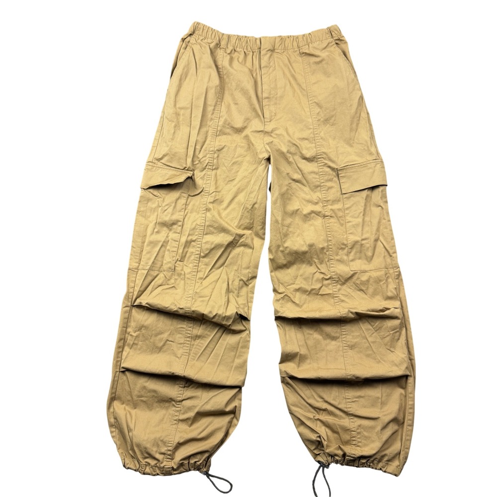 Zara Womens XS Tan Khaki Wide Leg Cargo Pants Elastic Waist Bungee Hem Utility